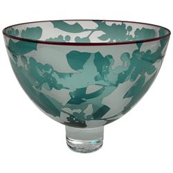 Gillies Jones of Rosedale glass bowl decorated with green foliage with red rim,  upon a short clear tapering foot, signed to base, H13cm D15.5cm