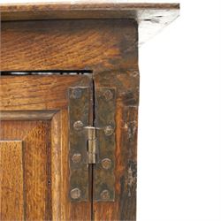 18th century oak hall cupboard, rectangular top with moulded edge, over two panelled hutch-cupboards, the base fitted with six assorted drawers, on large bracket feet