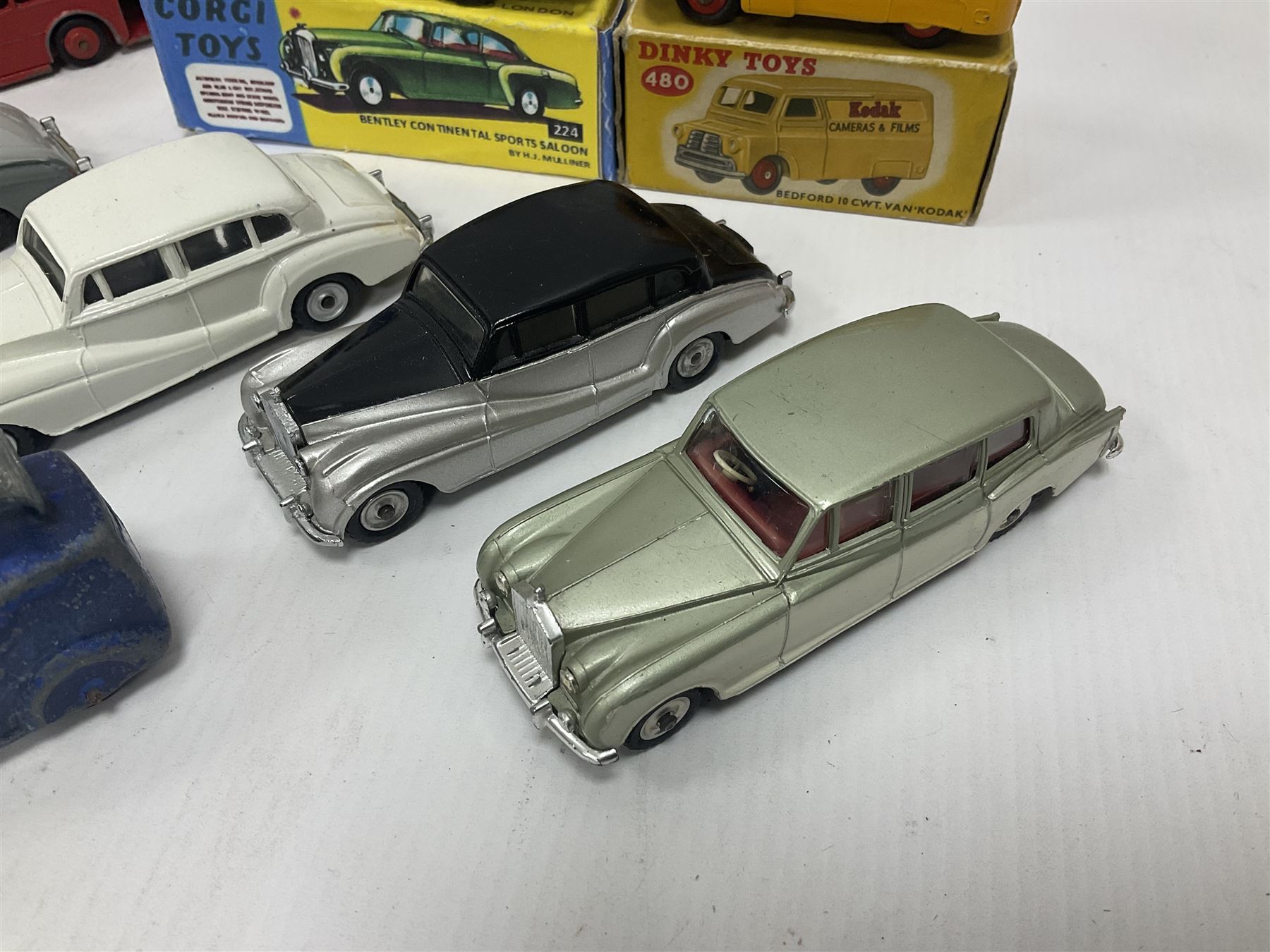 Dinky/Corgi - Dinky Bedford 10cwt Van ‘Kodak’ no.480, boxed; Corgi Bentley Continental Sports Saloon no.224 in replica box; along with further loose, playworn and repainted models to include Dinky Rolls-Royce Silver Wraith and Phantom V models etc 