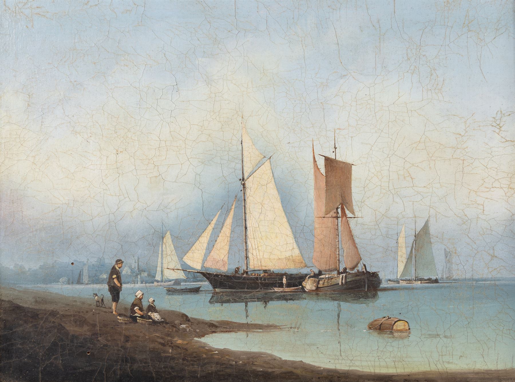 English School (19th Century): Family Waiting on the Jersey Sands, oil on board faintly signed l.r, the floating barrel inscribed 'Jersey', 25cm x 35cm 