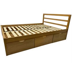 Contemporary oak framed 4' 6'' double bedstead, fitted with three drawers, together with 'Hypnos' mattress