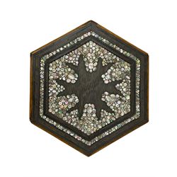 Early 20th century Anglo-Indian hexagonal table, the top decorated with mother of pearl beads and chequered banding, the base with fretwork pointed arches and inlays