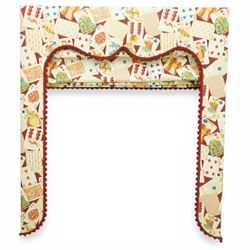 Late 20th century upholstered window pelmet with internal blind and side drapes, covered in a playing card patterned fabric with scalloped edging and red braid trim