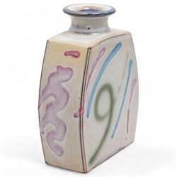 Philip Leach (British 1947-) for Springfield Pottery slab vase, of squat form, the white ground decorated with geometric pink, blue and green sprays, impressed mark to base H14cm 