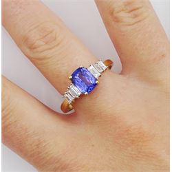9ct gold cushion cut tanzanite and baguette cut white zircon ring, hallmarked 
