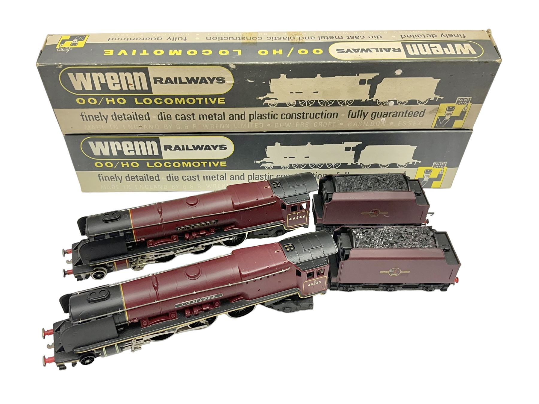 Wrenn '00' gauge - Princess Coronation (Duchess) Class 4-6-2 locomotive 'City of London' No.46245; boxed with tender and manual; and another similar bearing the nameplate 'City of Manchester' No.46246; in City of Birmingham box; both in BR Maroon (2)