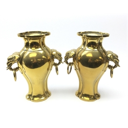  Pair 20th century Chinese cast brass vases, quatrefoil form with two elephant moulded handles, H25cm   