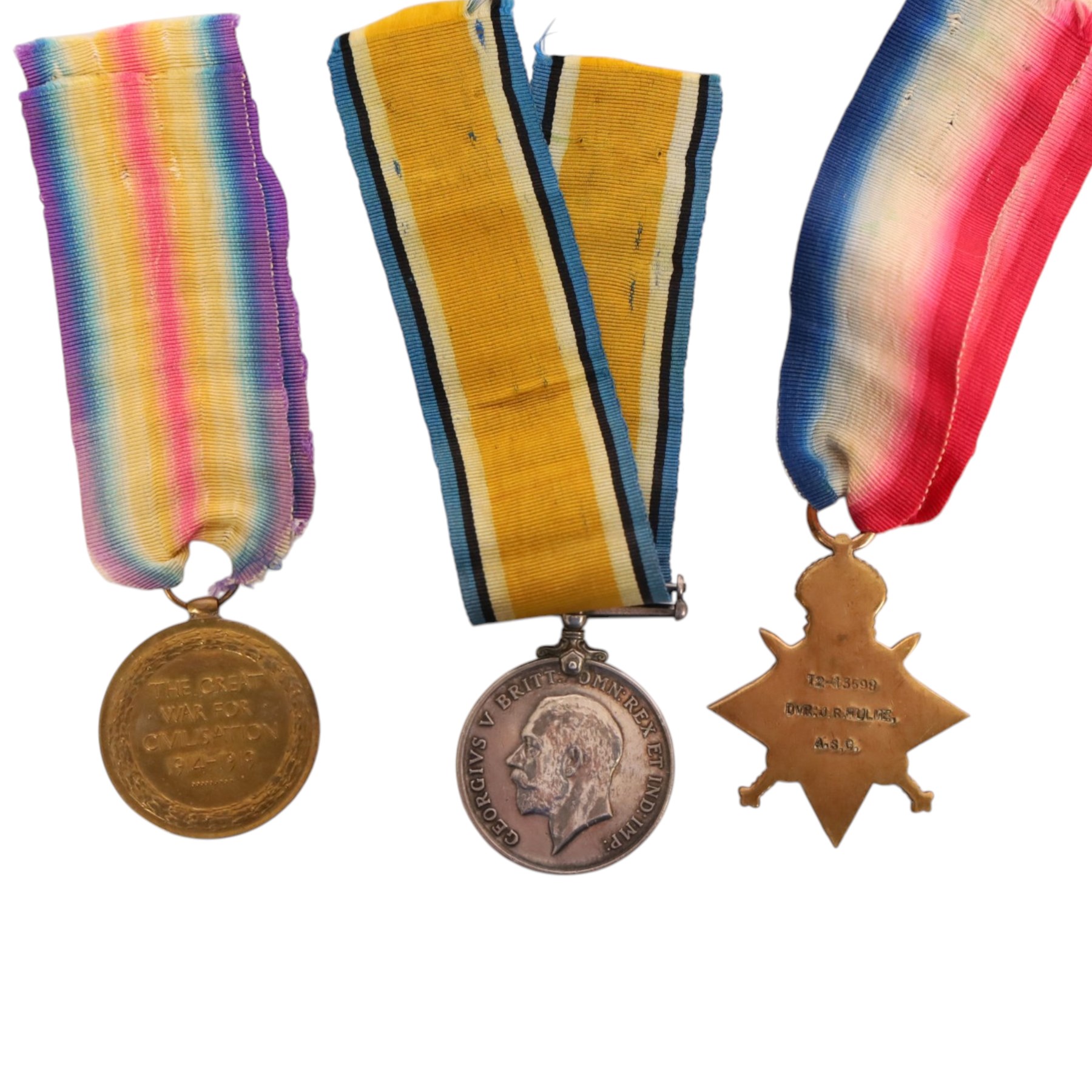 WWI British medal trio, comprising 1914-15 Star, War medal and Victory medal, awarded to 12-13598 Cpl Hulme A.S.C