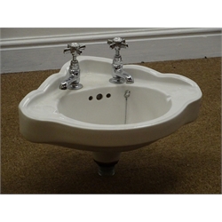  Edwardian style corner hand basin with chromium plated fittings, W47cm   