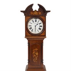 Edwardian mahogany and marquetry miniature longcase clock, the case with ogee top, over arched door flanked by turned columns, the base, door and top with classical urn and floral marquetry detail, housing goliath pocket watch, the white enamel dial with Roman numerals, chapter ring and subsidiary dial, and marked W. Thornhill & Co Ltd 144 New Bond St London, H38cm