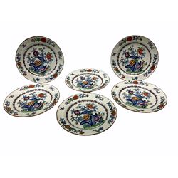 Booths Hors d'Oeuvres or supper set decorated in the Pompadour pattern, comprising seven dishes upon wooden tray L42.5cm, together with a bowl, D11.5cm, and six side plates, D19cm. 