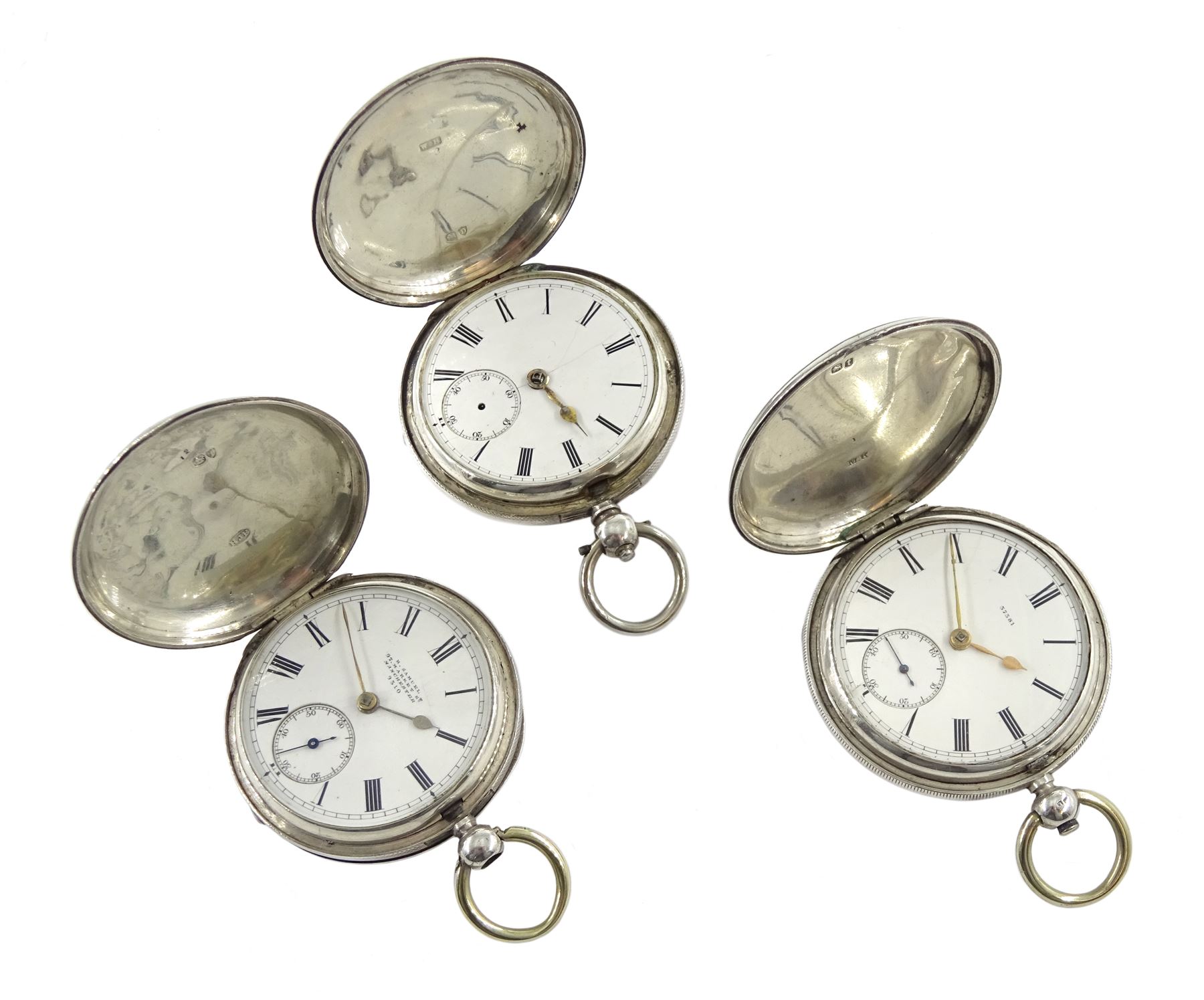 Two Victorian silver full hunter lever going barrel pocket watches by H. Samuel, Manchester and Stanton, Ampthill and one Victorian silver full hunter lever fusee by M.Klean & Co, London, all with white enamel dials and Roman numerals, hallmarked (3)
