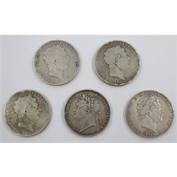  Four George III crowns, three dated 1818, one 1820 and a George IV 1822 crown (5)  