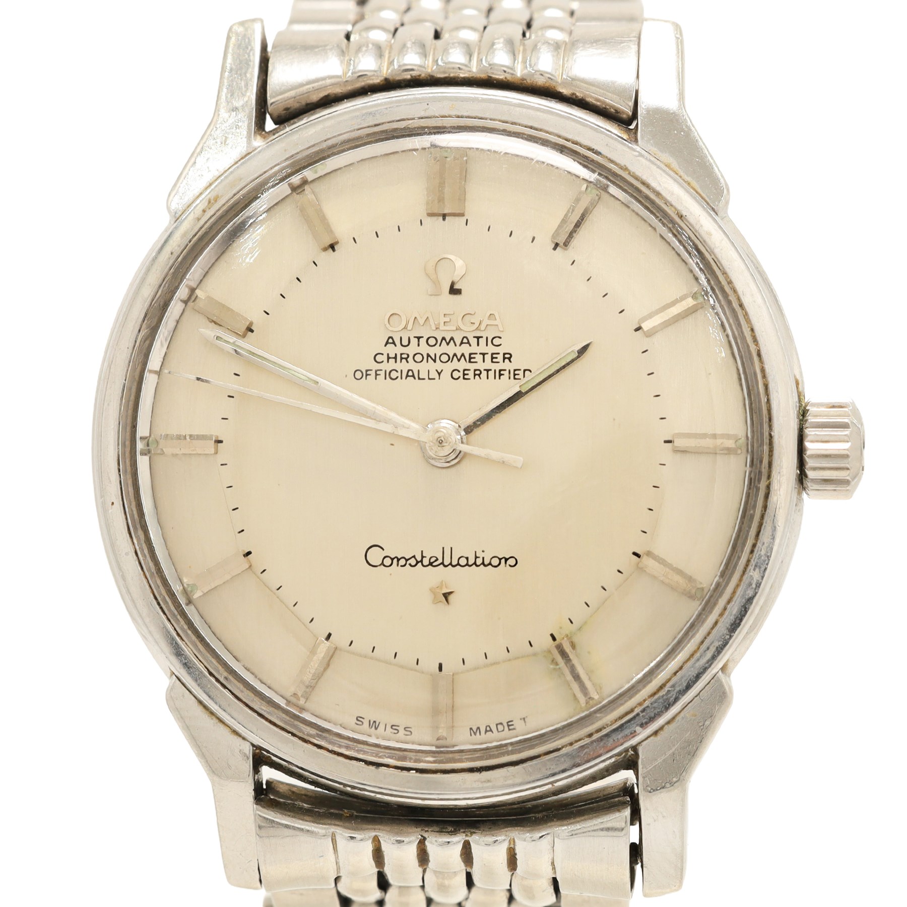 Omega Constellation gentleman's stainless steel automatic chronometer wristwatch, Cal. 551, Ref. 167.005, serial No. 21240417, silvered pie-pan dial with baton hour markers, on Omega stainless steel bracelet, with fold-over clasp