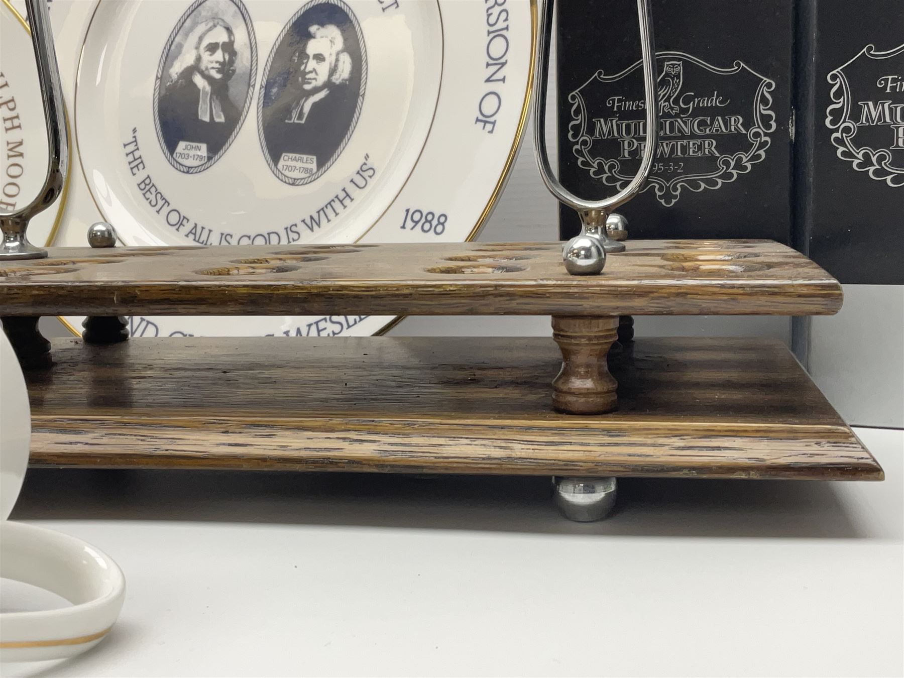 Collectables relating to the Methodist Church, including plates, goblet and mugs commemorating the 250th anniversary of the church, together with two wooden communion cup holders, etc