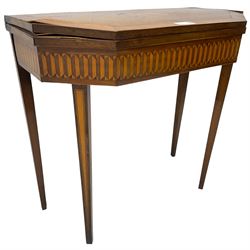 19th century inlaid mahogany card table, rectangular fold-over top with canted front corners, decorated with banded and strung edge with central inlaid fan motif, frieze decorated with geometric inlay, over a single action gate-leg base with square tapering supports