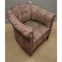  Edwardian tub chair, upholstered in aubergine chenille patterned fabric, mahogany supports  
