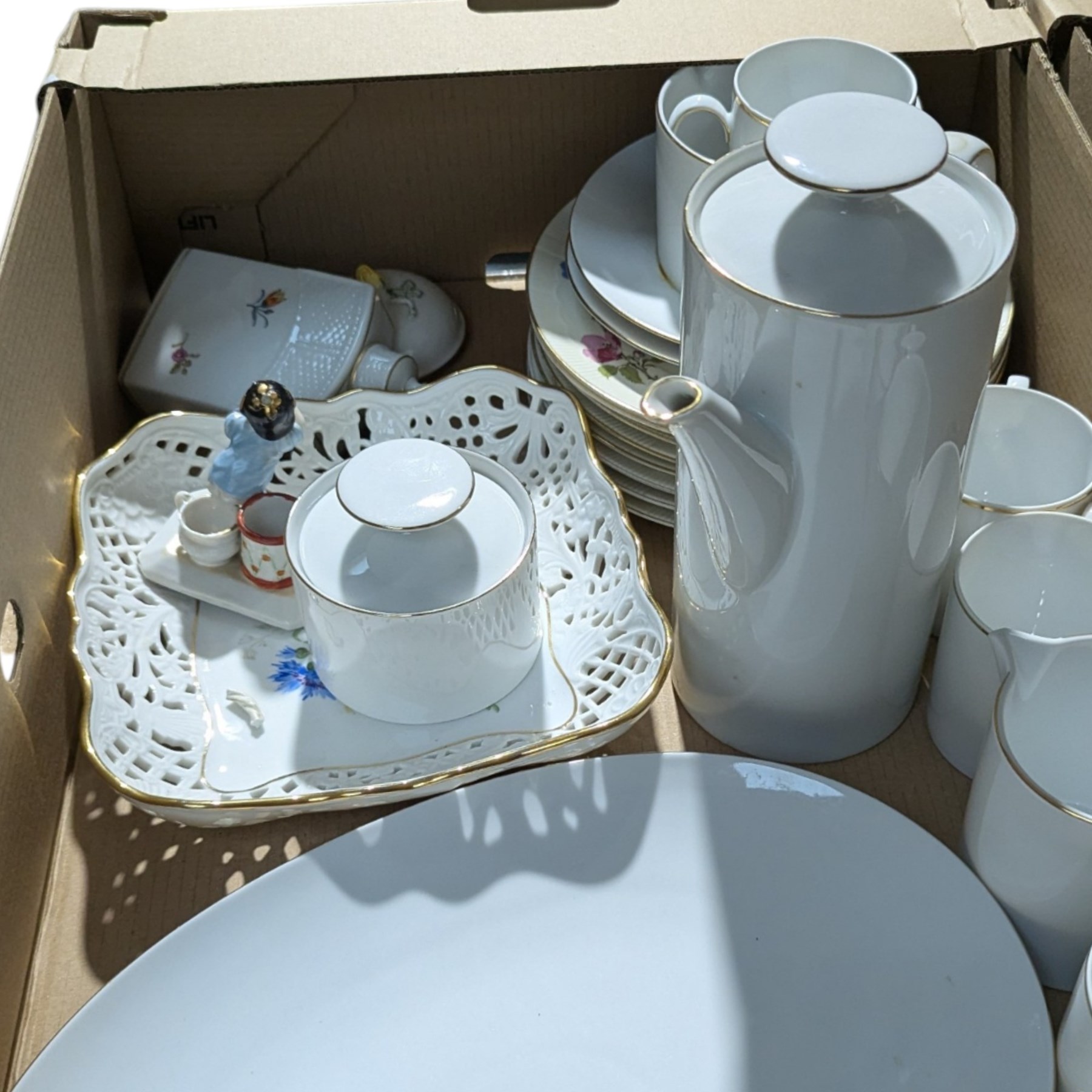 Collection of decanters, painted coat of arms, coffee service, spirits etc, contents in six boxes