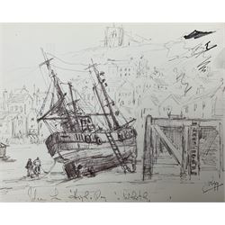 Jack Rigg (British 1927-2023): 'High & Dry' Whitby Harbour, preliminary pen and ink sketch...