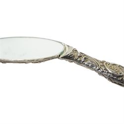 Silver sugar bowl, engine turned silver ashtray, silver napkin ring, silver backed mirror, two silver bladed and mother of pearl fruit knives etc