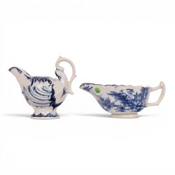 Derby blue and white dolphin ewer cream boat, circa 17750, H8cm, together with a Bow blue ...