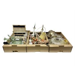 Green glass wine carafe, together with a set of glass vases, coffee sets, and other collectables, in three boxes 