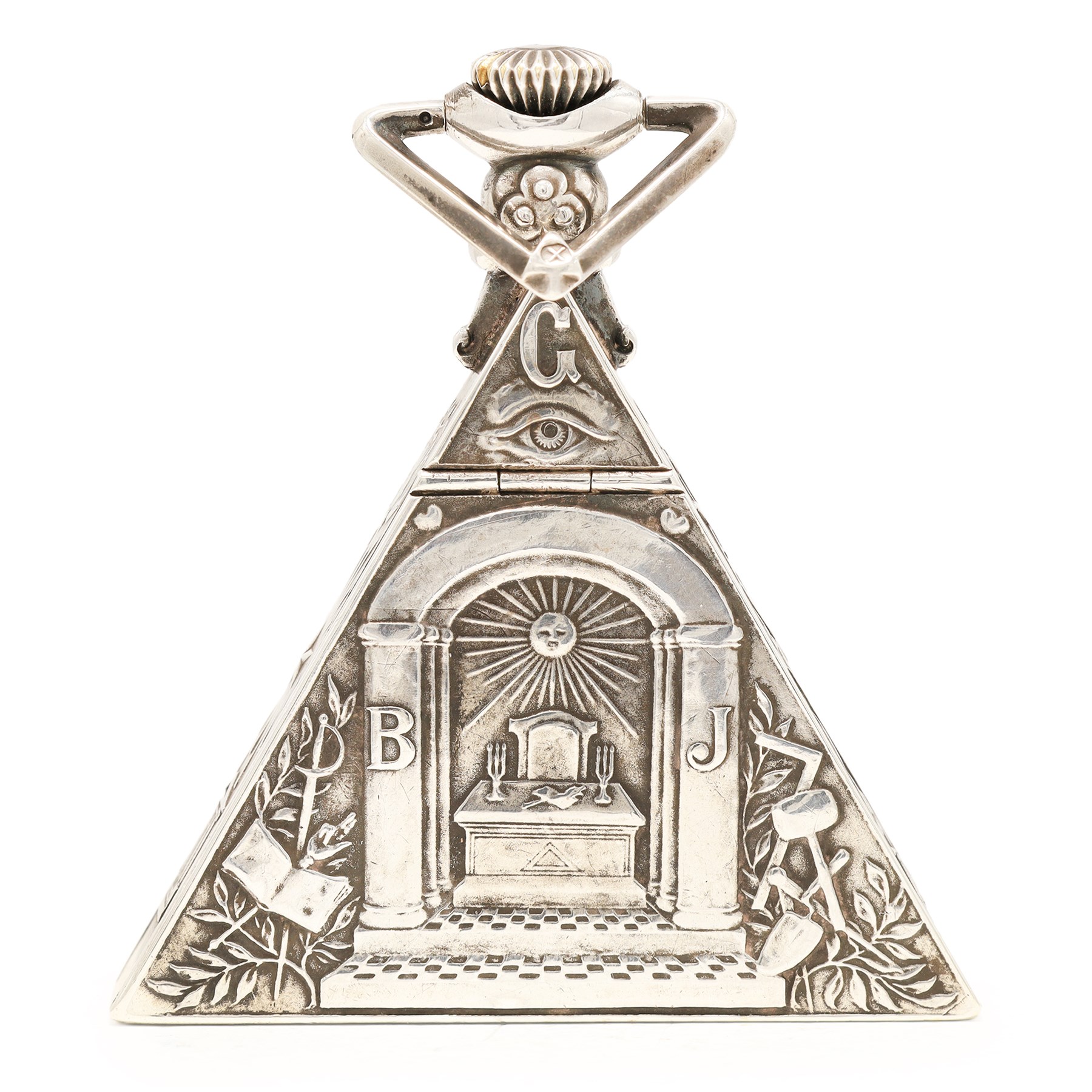 Early 20th century silver Masonic keyless lever pocket watch by G. Schwab-Loeillet, Genève, triangular mother of pearl dial with Masonic hour markers and inscribed 'Love Your Fellow Man, Lend Him A Helping Hand', the embossed case with a blue paste stone below the crown, Edinburg import mark 1923