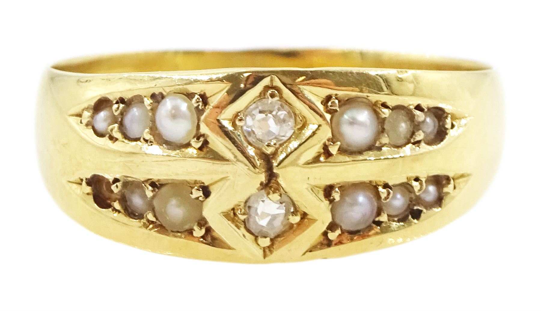 Victorian 18ct gold old cut diamond and split pearl ring, Birmingham 1890