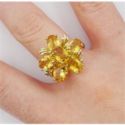 9ct gold oval citrine flower cluster ring, hallmarked