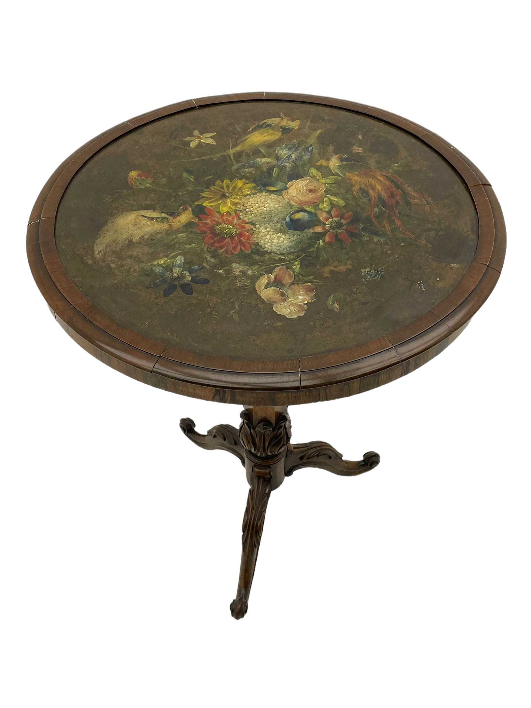 Early Victorian rosewood tripod pedestal table, circular moulded top hand painted with flowers and birds on slate, on tapered hexagonal column with carved acanthus leaf baluster, three splayed supports carved with foliage and scrolling terminals 