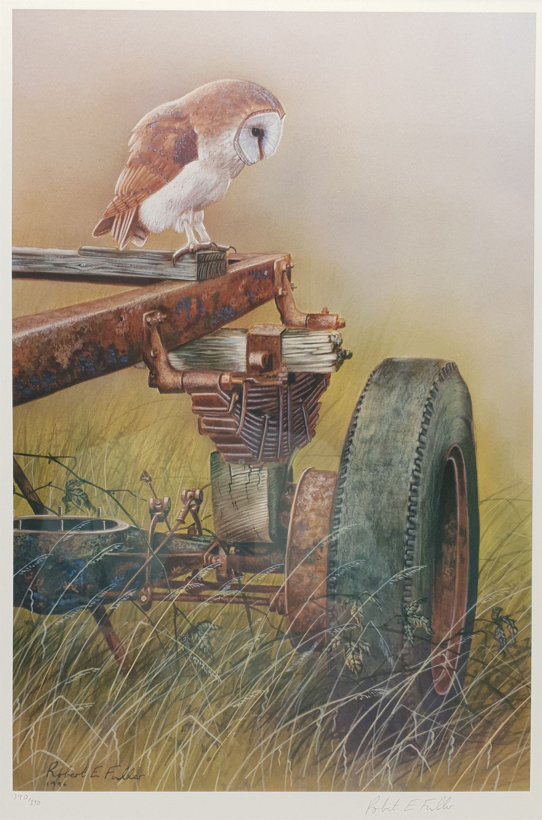 Robert E Fuller (British 1972-): 'Barn Owl on a Trailer', limited edition colour print signed and numbered 390/850  in pencil 48cm x 32cm