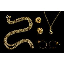 9ct gold jewellery including pair of hoop earrings, pair of knot earrings, 'S' pendant necklace and one other necklace