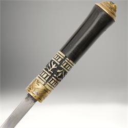 Early 20th century Indian concealed sword-stick, the black wooden scabbard and grip with carved bone collar, engraved brass band, and brass pommel in the form of a tigers head, W92cm