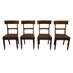 19th century mahogany extending dining table, pull out action with four leaves, on turned supports (H73cm, 101cm x 146cm - 289cm (fully extended)), and eight Regency period mahogany dining chairs, leather upholstered seats, six side chairs and two carvers, the carvers with scrolled arms
