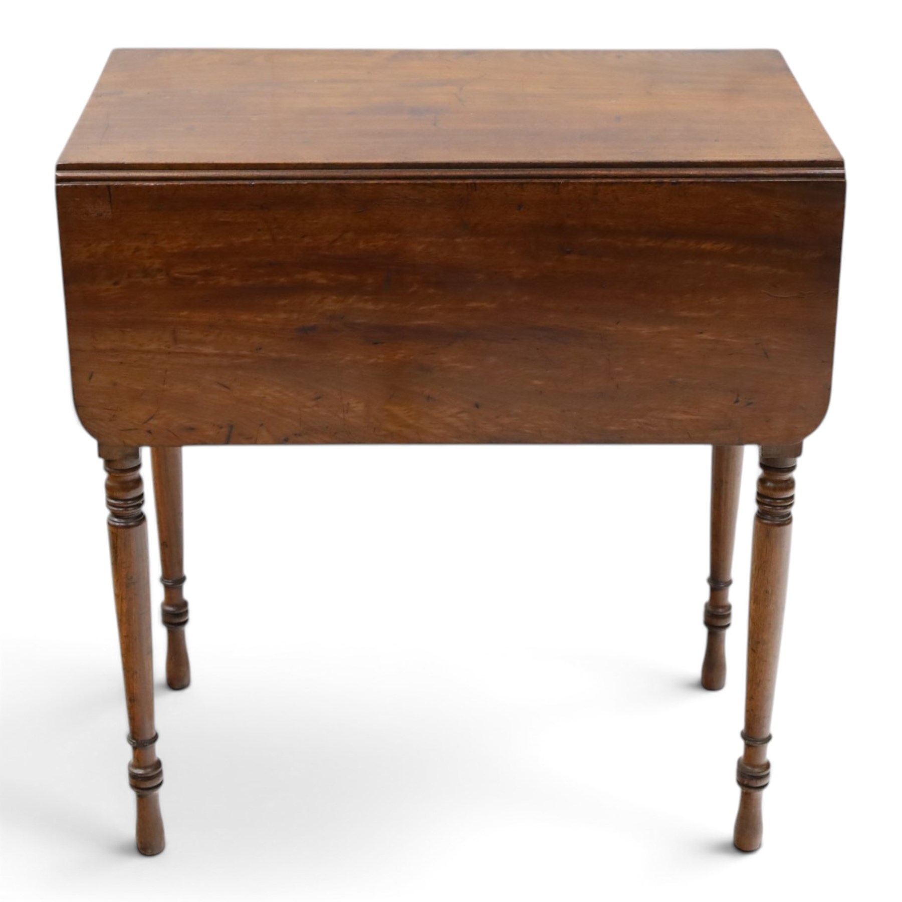 Early 19th century mahogany deception table with drop-front, rectangular top over drop-front with button action to the side, enclosing slatted-base compartment, raised on turned supports