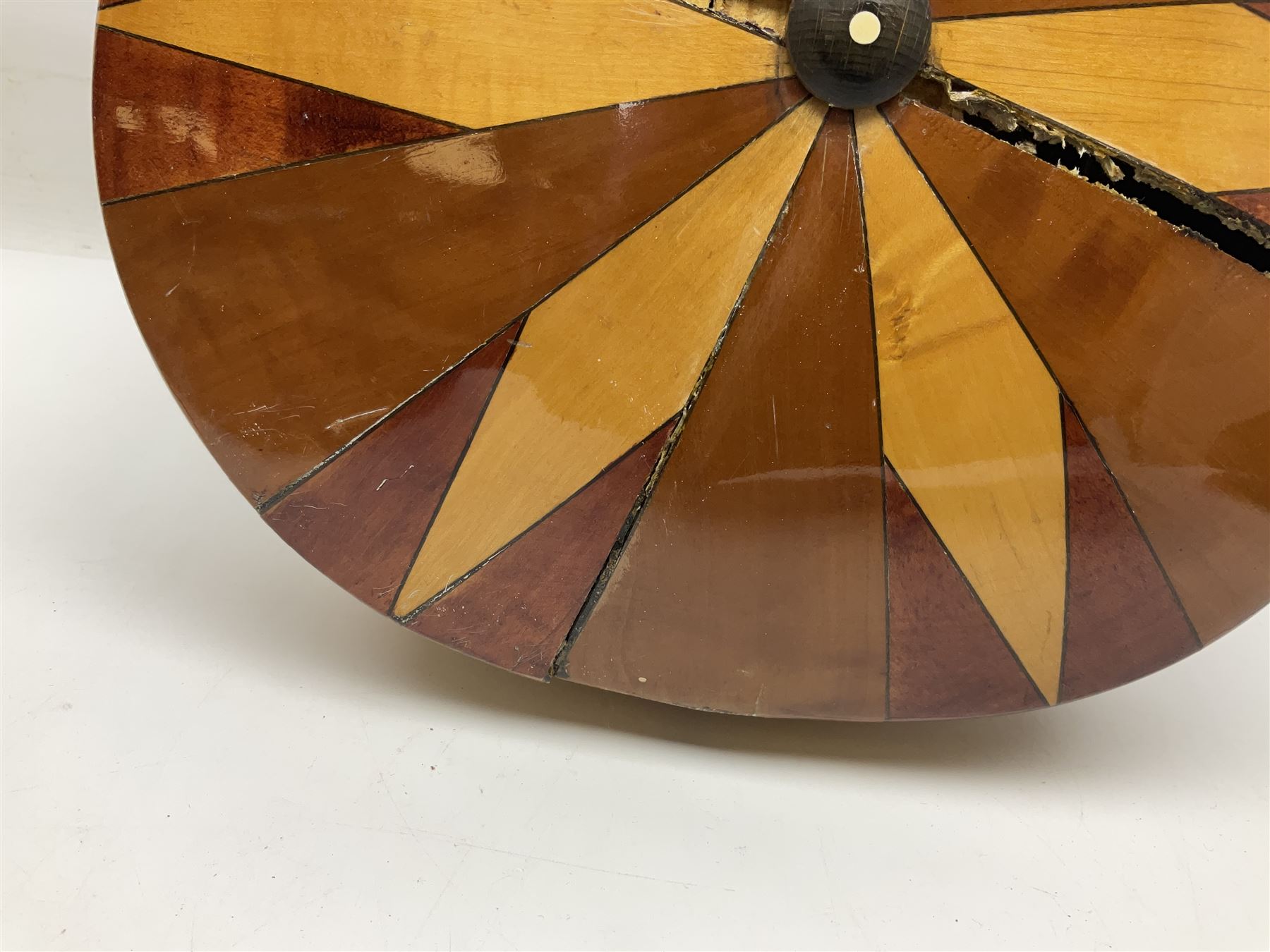 Italian eight-string mandolin with maple back and ribs and spruce top with inlaid floral marquetry panel within a fragmented mother-of-pearl border L61cm; cased; and a (damaged) German 'Michigan' mandolin for spares or repair (2)
