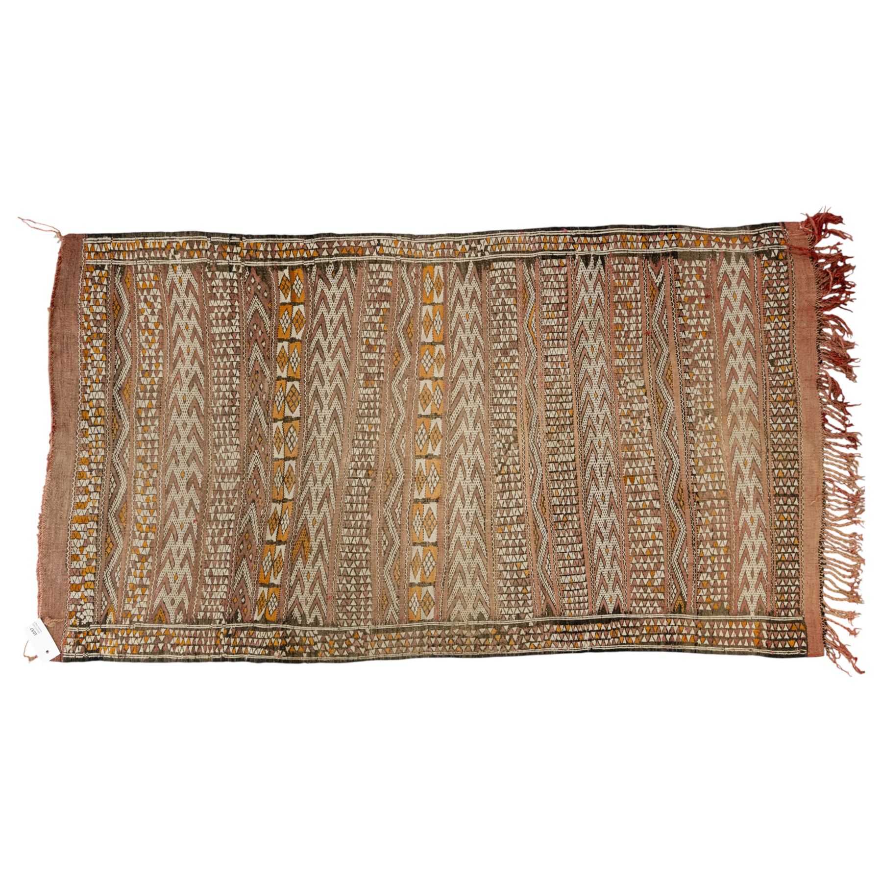 Berber style mid 20th century flat-weave kilim, woven is alternating horizontal bands of hooked lozenges, diamonds, and chevron motifs in a terracotta, ochre, ivory, and brown palette, framed by narrow geometric borders  
