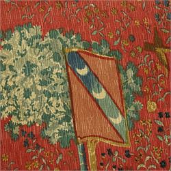 Neo-classical wall hanging, depicting women playing the harp surrounded by animals, on a red ground, with metal pole, L146cm