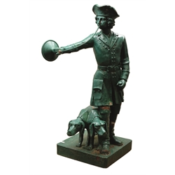  A French cast iron study of a huntsman in 18th century dress standing with horn and two scent hounds on square plinth, H150cm  
