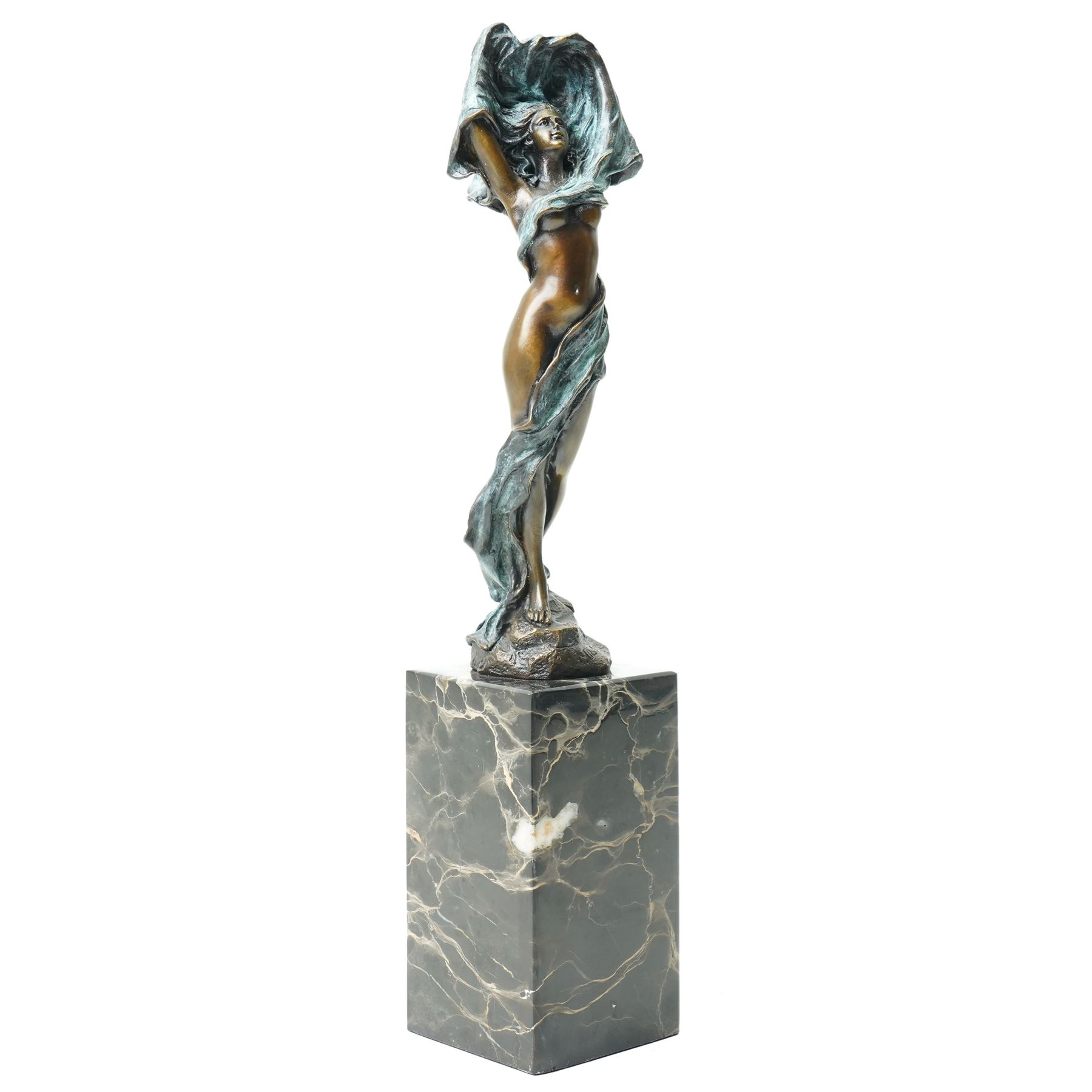 Art Nouveau style bronze figure of a dancing lady, signed Milo, on black marble base, H35cm