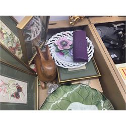Collection of woven silk framed butterflies, together with gilt wall sconce, copper kettle, cushions and other collectables, in four boxes 
