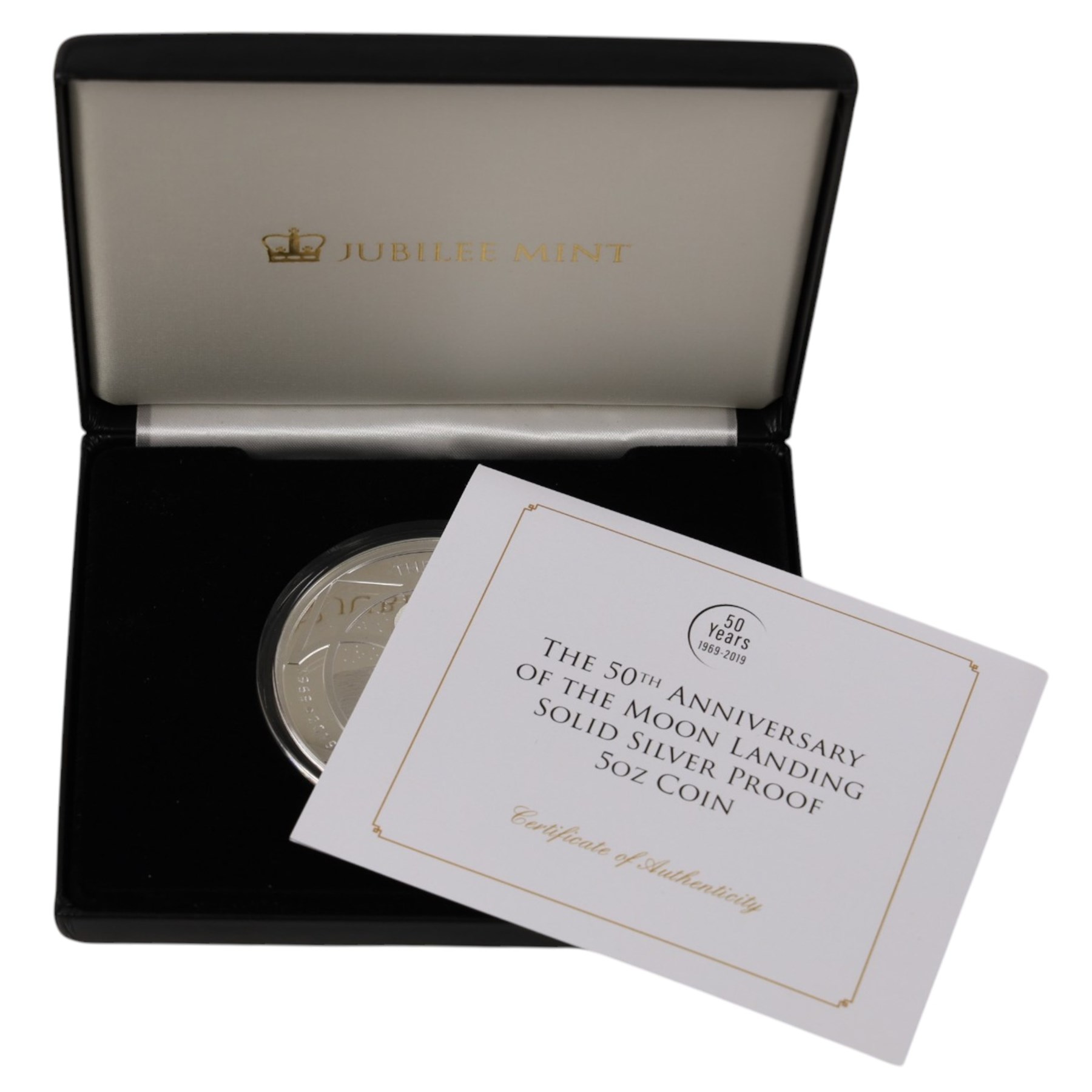 Queen Elizabeth II Alderney 2019 '50th Anniversary of the Moon Landing' five ounce silver proof twenty-five pound coin, issued by the Jubilee Mint, cased with certificate