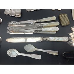 Mother of Pearl handled cutlery, with silver ferrules, comprising six fish knives and forks and six fruit knives and forks, the ferrules hallmarked Yates Brothers, Sheffield 1905, together with silver plated Edwardian three piece tea service and other flatware 