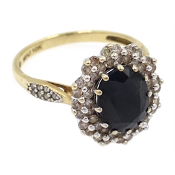  Gold sapphire and diamond cluster ring, with diamond set shoulders, stamped 10K  