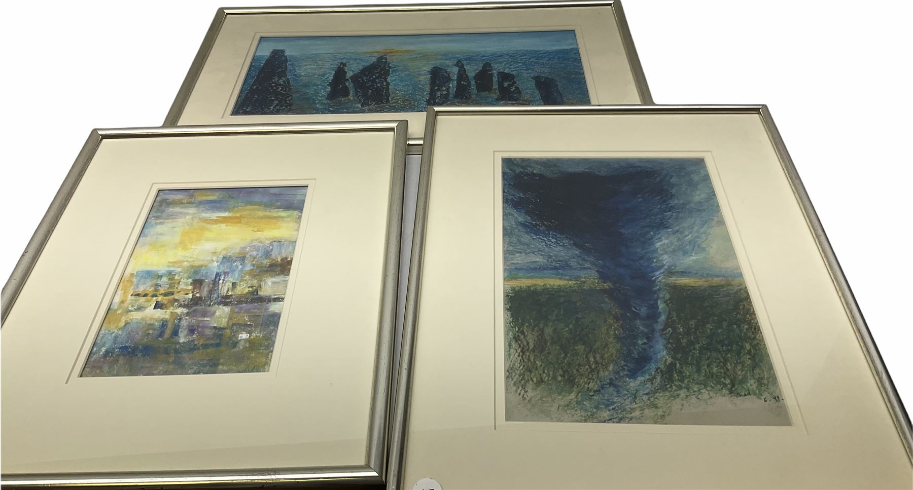 Madeleine Eyland (Belgian/British 1930-2021): Collection of abstract pastels, approx 21, max 19cm x 28cm 
Provenance: artist's studio collection. Marie-Madeleine Eyland (neé Legrain) was born in 1930 at Floriffoux, Belgium; she lived most of her life in Scarborough working as a nurse and an artist.