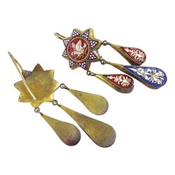 Pair of 19th century silver-gilt micro mosaic pendant earrings, three foliate pendant drops suspended from star shaped motifs with bird decoration, in fitted case by Camillo Banzi, Rome