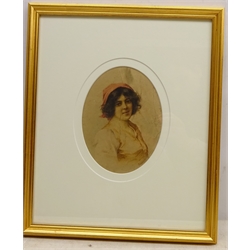  Portrait of a Young Woman, oval watercolour signed by Romolo Tessari (Italian 1868-1947) 19cm x 14.5cm  