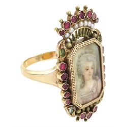 19th century 18ct gold portrait ring, set with an octagonal miniature of a woman wearing a pink dress on ivory, under a glazed panel, within a milled bezel and garnet surround, surmounted by a coronet set with seed pearls and further garnets. This lot has been registered for sale under Section 10 of the APHA Ivory Act
