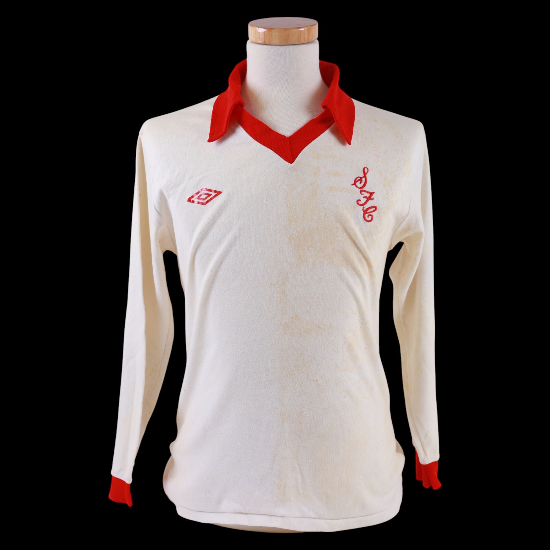 1960s Scarborough FC long sleeved football shirt, all white with red cuffs and collar, red umbro logo, stitched red SFC logo and red number 13 to back, with Umbro International label inside collar