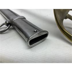 Early 19c French 1st Empire Heavy Cavalry trooper's sword, the 95.5cm double fullered blade with various stamped marks and inscribed Klingenthal 1814 to the back edge, four-bar brass hilt with wire-bound leather grip, knucklebow numbered 139; in polished steel scabbard with two suspension rings L117cm overall